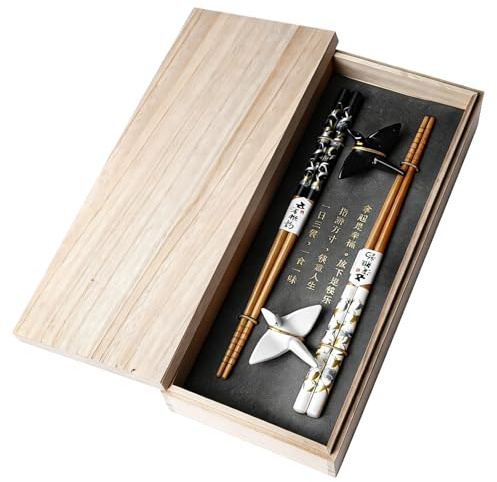 BAIFULAI Set di bacchette da sushi 2 paia, bacchette in legno con supporto per gru di carta in ceramica, bacchette sostenibili giapponesi, cinesi, coreane e taiwanesi, regalo giapponese