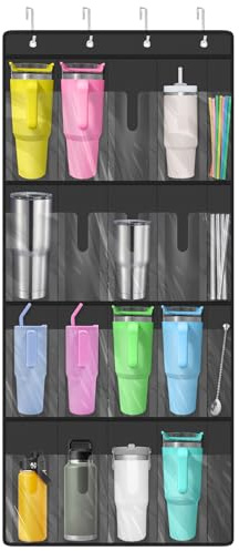 EEEKit Hanging Water Bottle Holder, Over Door Water Bottle Storage Organizer with 16 Cup Pockets and 4 Straw Pockets, Hanging Cup Storage Rack for Kitchen Cabinet Pantry Classroom