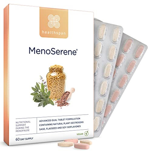 Healthspan MenoSerene | Wechseljahresunterstützung | Frauengesundheit | Immunsystem, Haut, Sehkraft & Knochen | Vitamin B6 | Natürliche Pflanzenöstrogene | Vegetarisch | 120 Tabletten