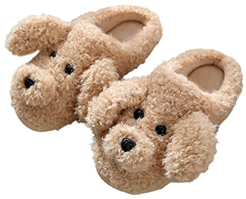 Minetom Unisex Winter Baumwolle Hausschuhe Damen Herren Kinder Warm Bequem Plüsch Pantoffeln Niedlich Hund Tiere Slippers Flache Schuhe E Khaki 33/34 EU