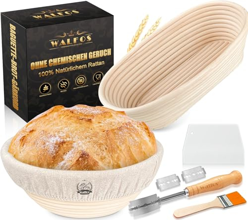 Gärkörb Set, Walfos® Gärkörbchen Set 2 (23cm Rundes & 25cm Oval), 100% Natürlichem Rattan - mit Bäckermesser, Leintüchern,Teigschaber, Bürste, für Professionelle Hausbäcker.