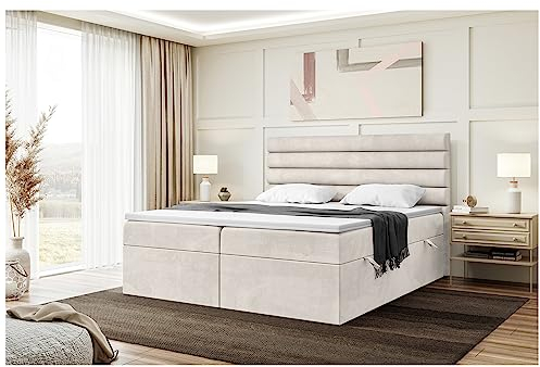 MEBLINI Boxspringbett mit Bettkasten - Gepolstert Doppelbett mit Matratze und Topper - Polsterbett mit Stauraum - Bett mit Kopfteil - Stauraumbett - Karim - 180x220 - H4/Beige Samt