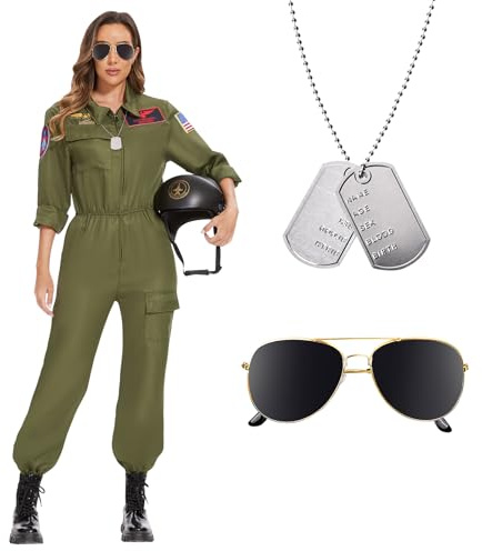 Herenear Costume Pilote de Chasse Femmes, Combinaison de Pilote, Déguisement de Pilote de Chasse Costumes pour Carnaval, Halloween, Cosplay