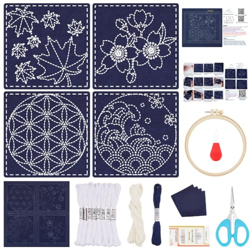 FREEBLOSS Juego de 4 posavasos Sashiko DIY con instrucciones (idioma español no garantizado), juego Sashiko preimpreso, para principiantes, proyecto de práctica de arce, juego de bordado Sashiko