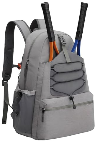 Dokeno Mochila de Tenis, Unisex Gran Capacidad Bolsa de Tenis Raqueta con Compartimento Zapatos y con múltiples Bolsillos costiene Raquetas de Tenis para Bádminton Squash Pelotas y Zapato (Gris)