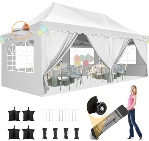 HOTEEL Pavillon 3x6 Wasserdicht Stabil mit 6 Abnehmbaren SeitenwäNden, Wellensaumdach Partyzelt 3x6 mit Radtasche und 4 SandsäCken, Faltpavillon Sonnenfest füR Hochzeit Party Markt(Weiß)