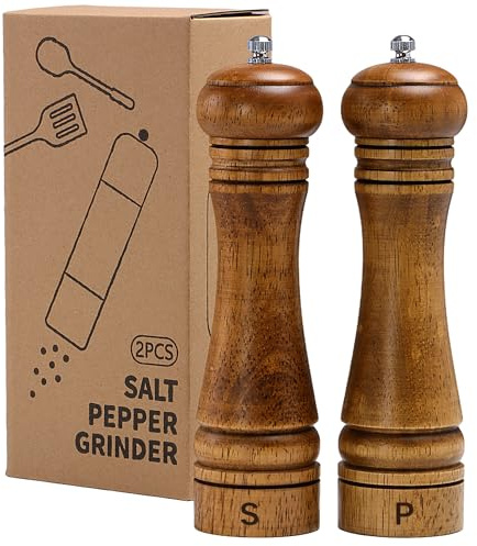 M JINGMEI Wooden Salt and Pepper Grinder Set, Premium Oak Wood Salt Grinders Shakers, Pepper Mill with S and P Engraving, Adjustable Ceramic Grinder – 8 inches, 2 Pack