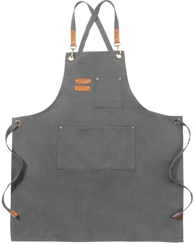 FunChaos Segeltuchschürzen, Arbeitsschürzen für Männer und Frauen, Kochschürzen mit verstellbarem Riemen und 3 Taschen, Schürze für Server Küche Kochen Backen Künstler Malerei, Kreuzrücken (Grau)