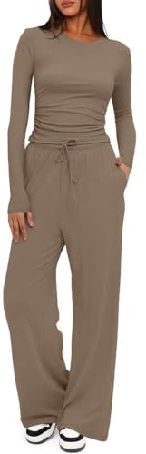 Joligiao Conjunto Deportivo Mujer 2 Piezas Chándales Para Mujer Suave Top Manga Larga y Pantalón Anchos Recto con Bolsillo Salón de Cómodo Moda Color Sólido para Fitness Jogging(Café claro,M)