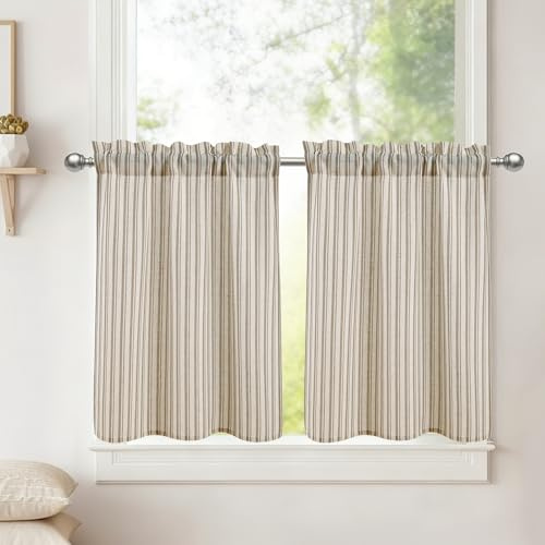 DWCN Skivgardiner linneutseende brungrå randiga köksgardiner korta gardiner H 60 x 60 cm, 2 stycken, halvtransparenta gardiner, moderna för bistrogardin, lantställe, skåpgardin, vardagsrum