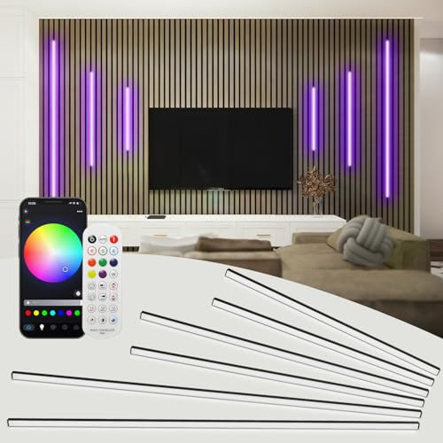 SHUNLEE 6 Pcs RGB Black Smart Acoustic Wall Panel Lights, WiFi Recessed Wall panel LED Lighting Strip Kit Compatible with Alexa / 2.4G Remote, Self-Adhesive for Shelf, Wood Slat (40*2+60*2+90*2 cm)
