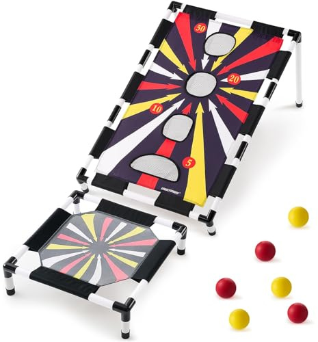 Kasta och Studsa Spelset, Trampolinspelet med 6 skumbollspringor, 1 poängmål och 1 poängmål, utomhusstrandstudsspel för pojkar, flickor och vuxna