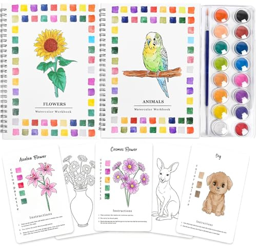 Lot de 2 cahiers d’aquarelle pour débutants,30 motifs fleurs et animaux,16 couleurs et 2 pinceaux, livre de peinture aquarelle pour adultes détente,carnet de dessin aquarelle pour femmes