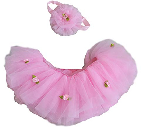 Baby Girls Extra Soft and Extra Plush Tutu Diaper Cover Romper Cake Smash Photoshoot Outfit with Matching Flower Puff Headband (Pink with Flowers)