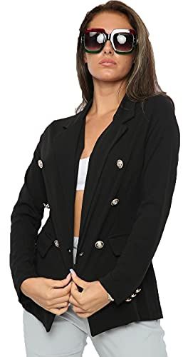 Crazy Fashion Women's Blazer Suit Slim Long Sleeve Plain & Printed Floral Italian 3 Gold Button Coats Ladies Jackets Waistcoats Cardigan UK 8-14 (Black, 8)