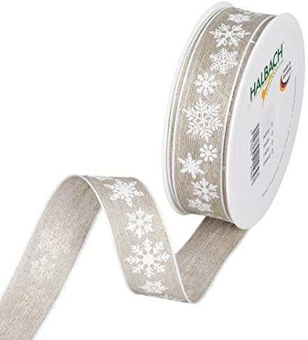 Halbach Seidenbänder Geschenkband Weihnachten Leinen 25mm x 15 m Natur für zum Einpacken von Geschenken, Schleifenband Schneesterne mit Drahtkanten, 955, Leinen/Weiß