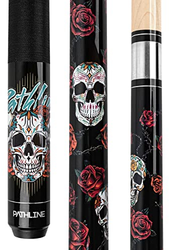 Pathline PL518 Pool Cue Stick - 58 Canadian Maple 13mm Tip Billiard Pool Stick(Black/Skull - 19oz)