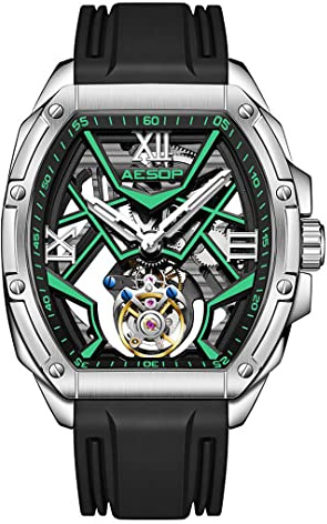 Aesop Tonneau Tourbillon Uomo Orologi Scheletro Luminoso Vento a mano Uomo Orologi da polso Zaffiro Impermeabile Orologio da Lavoro di Lusso per Uomo 7059(Verde)
