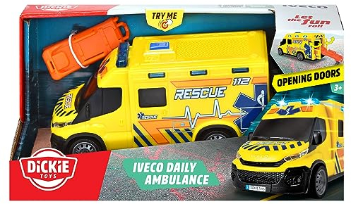 Dickie Toys - Iveco Daily Krankenwagen (gelb, 18 cm) - Rettungs-Fahrzeug mit Licht, Sound & Spielzeug-Zubehör (inkl. Batterien), Spielzeugauto für Kinder ab 3 Jahre