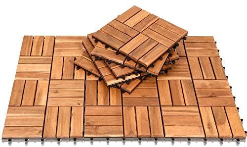 Ansobea Juego de 11 baldosas de madera de acacia, 12 láminas de 30 x 30 cm – 1 m². Baldosas de balcón para balcón, jardín y terraza | colocación fácil, rápida y práctica