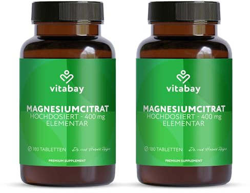Vitabay Magnesiumcitrat 2556 mg – 360 vegane Tabletten – 2er Pack – 400 mg elementares Magnesium pro Tagesverzehrmenge – Vegan & ohne Zusatzstoffe – Vorrate für 6 Monate