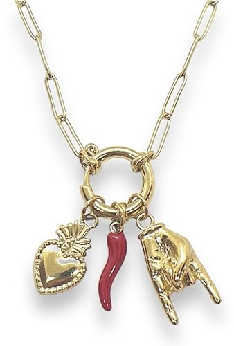 SiLo Bijoux Collana catena sacro cuore corno mano corna donna uomo in acciaio inox 316L anallergico portafortuna - Disponibile color oro e argento - Confezione regalo (GOLD)