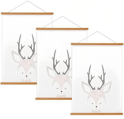 FALAMON 3 Pack Magnetic Poster Hanger Frame, Teak Wood Magnet Poster Frame for Posters, Prints, Photos, Pictures, Maps, Scrolls, and Canvas Artwork