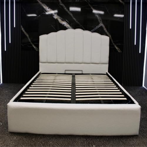 B INTERIORS LTD Sleigh Bed Frame Upholstered Bed Frame With 125cm High Floor Standing Headboard Bed Frame Without Storage Cream, Teddy Fleece