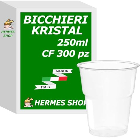 Hermes Shop - 300 Bicchieri Kristal da 250 cc - Plastica Dura Trasparente - Bicchiere Usa e Getta 250 ml per Eventi e Feste, per Birra, Cocktail e Bar - Made in Italy - (6 cf da 50 Bicchieri)