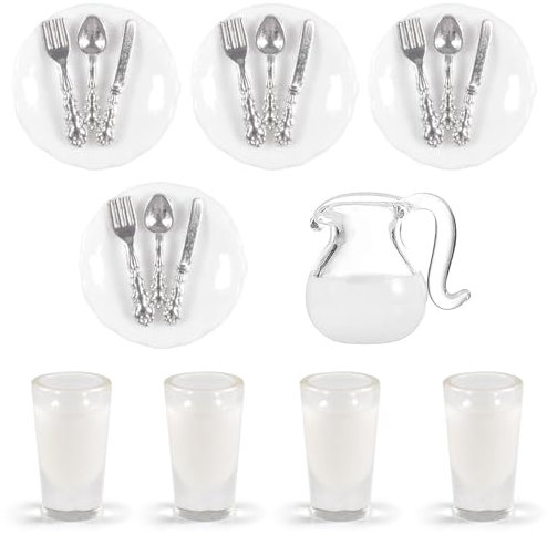 Auirshiky Puppenhaus Küche Geschirr Zubehör, Miniatur Besteck und Teller Set, Miniatur Puppenküche Zubehör, 1:12 Puppenhaus Küchendekoration für Miniatur-Spielhaus Szene Dressing