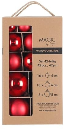 MAGIC by Inge - Juego de 42 Bolas de Navidad de Color Rojo Feliz con diámetro de 4 cm, 6 cm y 8 cm, decoración de árbol de Navidad de Cristal