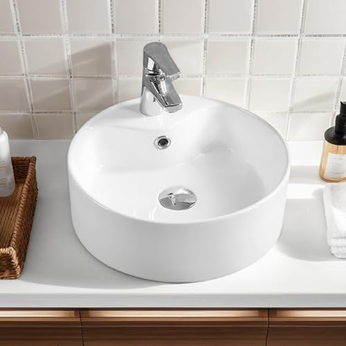 NUESTRA VIDA Lavabo Rond en Céramique avec Trop-plein, Vasque À Poser, Lave-Mains, pour Salle de Bain, WC d'invités, 41×41×14,5 cm