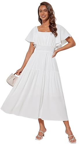 GRACE KARIN Robe Maxi Femme Chic Col Carré Manches Courtes Bouffantes Taille Élastique Robe d'Été A-Line Blanc L