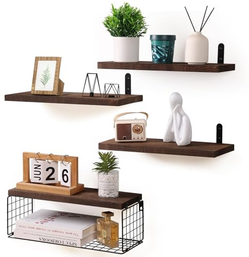 HNFNGSZL Set di 4+1 Mensole da Parete in Legno, Scaffali a Muro Multiuso, Staffe e Cestino in Metallo, Scaffalatura per Camera da Letto, Soggiorno, Cucina, Bagno, Libreria, Salvaspazio