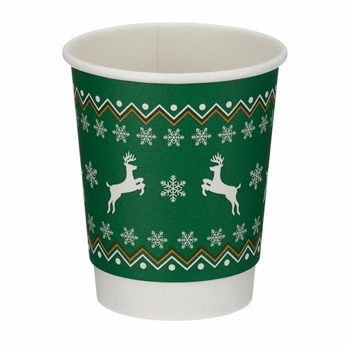 Parkers Foodservice Go-Pak Recyclable Christmas Coffee Cups 8oz – 500 Pack | Green Festive Double Wall | Matt Finish