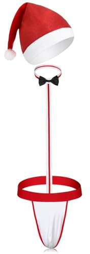 Hestya 2 Pezzi Costume da Bagno per Uomo con Cappello di Natale Body di Babbo Natale Abiti e Costumi Natalizi Divertenti per Marito Fidanzato, Taglia Unica(Rosso,Fiocco Nero)