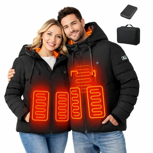 Wodesid Chaqueta Calefactable con Capucha para Hombre y Mujer, Abrigo Térmico con Batería 10000mAh, 3 Niveles de Calor, Impermeable, para Esquí, Motocicleta, Caza y Actividades de Invierno