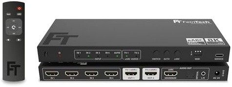 FeinTech AX341 - Splitter HDMI 2.1 eARC 4 in 2 Out con estrattore audio (eARC, Toslink e AUX), 8K 60Hz, 4K120Hz, downscaler