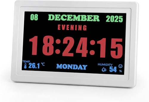 PASIVOLE Orologio Digitale da 7 Pollici per Anziani - Display con Caratteri Grandi che Mostra Ora, Data, Giorno della Settimana, Temperatura, 5 Allarmi e 10 Promemoria, Oscuramento Automatico, Bianco