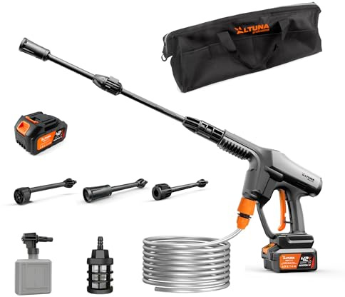 Altuna Hidrolimpiadora a Batería 42V – Pistola a Presión 55 Bar – Bomba de Aluminio – Toma de Agua Desde Cubo, Tanque o Grifo – Paro Automático TSS – Limpieza Exterior, Coche y Terraza – AH02