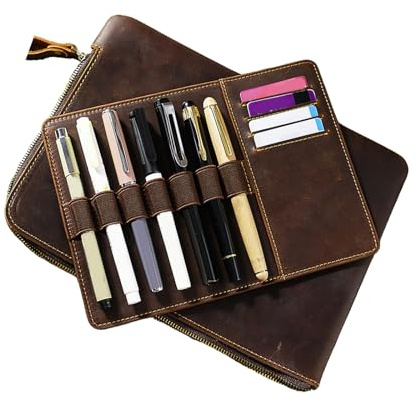 Shurhome Elastic Slot Leather Pen Case Zippered Pencil Bag with Removable Insert Tray Card Slots for Writing Tool Storage Leather Pen Case