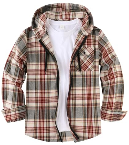 SwissWell Chemises Flanelle pour Hommes à Capuche Chemises à Carreaux Chemise Manches Longues avec Fermeture éclair Chemise de Bûcheron pour Le Travail Randonnée Camping,D132 Rouge Vin Beige,M