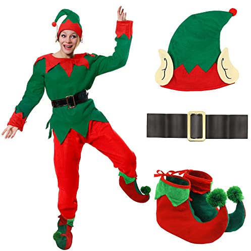 DISFRAZ DE ELFO PARA ADULTOS DISFRAZ NAVIDEÑOS - TÚNICA VERDE ELFO DESCARADO + PANTALÓN ROJO + CINTURÓN NEGRO + SOMBRERO CON OREJAS + ZAPATOS DE LUJO POM POM ELF - PEQUEÑO EUR 38-40