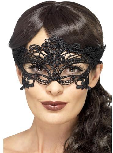 Smiffys broderad spets filigran hjärta ögonmask, svart, ögonmasker fin klänning, vuxen utklädnad ögonmasker