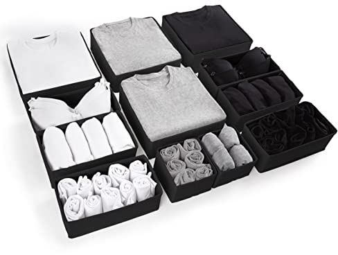 Eco Home Store Drawer Organizer Divider for Clothes, Underwear, Socks, Bras & Accessories – Foldable Cotton Storage Boxes for Bedroom, Wardrobe & Desk – 12 Pack – Black