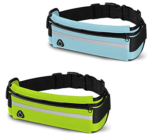 Ceinture de course pour femme et homme - Ceinture porte argent et sac banane de course sac banane de randonnée support pour téléphone portable, argent et clés (bleu et vert) - Lot de 2