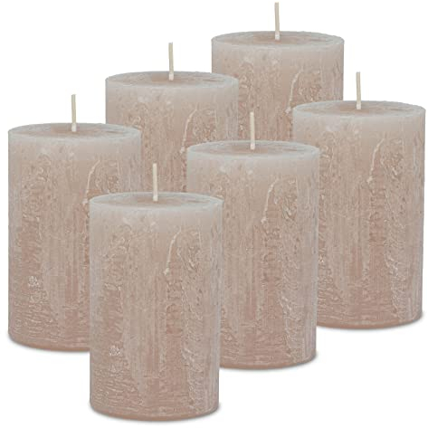 DecoLite: 6 x Rustik Stumpenkerzen 110/70 mm Safe Candle Selbstverlöschend. Brenndauer ca. 51 Stunden - 100% made in Germany von Wenzel Kerzen - RAL Zertifiziert (sahara), Ohne Duft