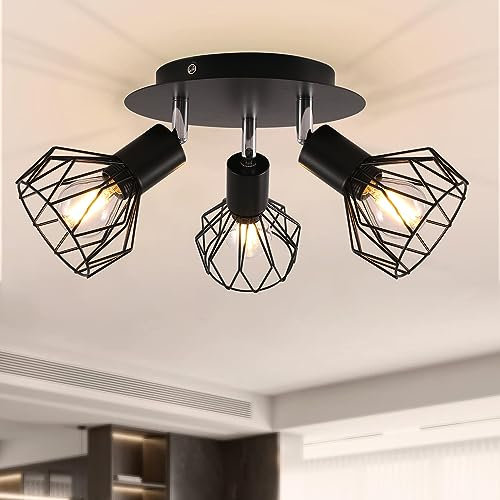 3 Way Ceiling Light Fitting Spot Light Rotatable Retro Spotlight Fixture Industrial Ceiling Lights E14 Base Adjustable with Black Metal Cage Flush Mount for Bedroom Living Room Hallway (No Bulbs)