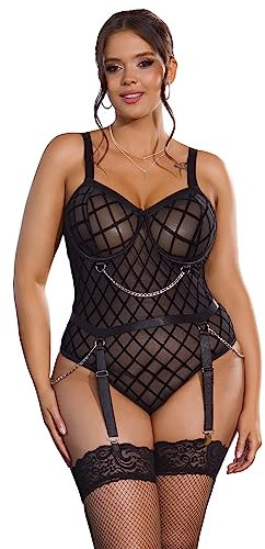 ohmydear Lingerie Sexy Dentelle Femme Grande Taille Teddy Bodysuit Ceinture Chaîne Amovible Lingerie Snap Crotch Combinaison Tenue Sexy sous-vêtements avec 4 Jarretières