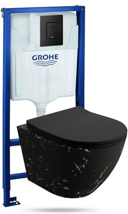 LAVITA Solido + WC suspendu mural Sofi Slim Fire noir sans bord + abattant de WC avec système d'abaissement automatique Bouton noir Kit complet encastré WC complet